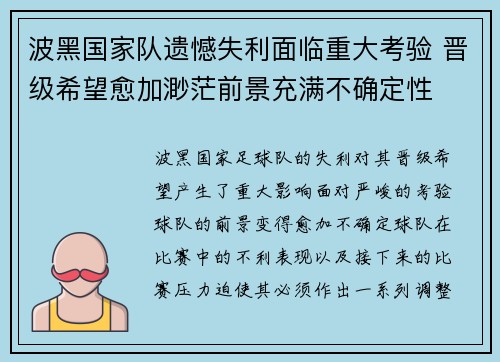波黑国家队遗憾失利面临重大考验 晋级希望愈加渺茫前景充满不确定性