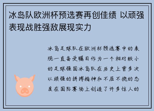 冰岛队欧洲杯预选赛再创佳绩 以顽强表现战胜强敌展现实力
